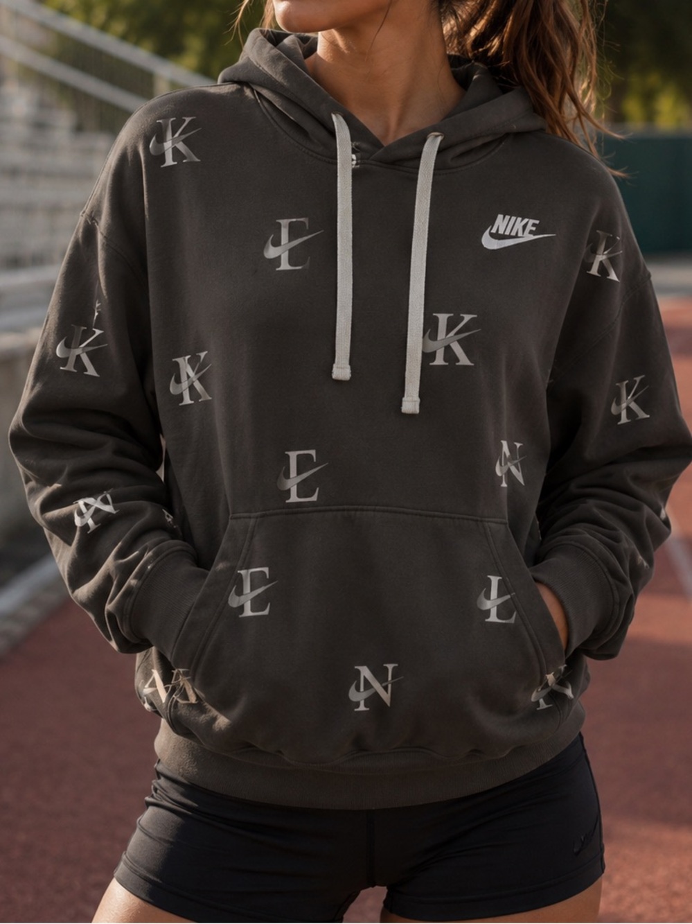 Nike x J. Cole Collab Gray Logo-Letter Print Pullover Hoodie Swoosh Athletic